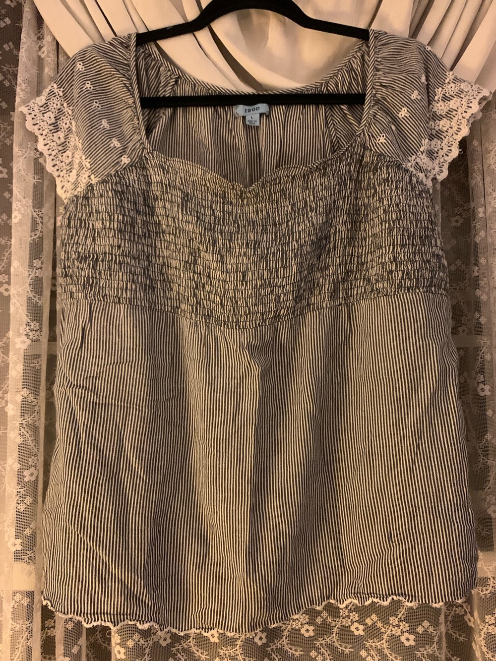 Izod Women's Blue and White Striped Smocked Top with Lace Cap Sleeves
